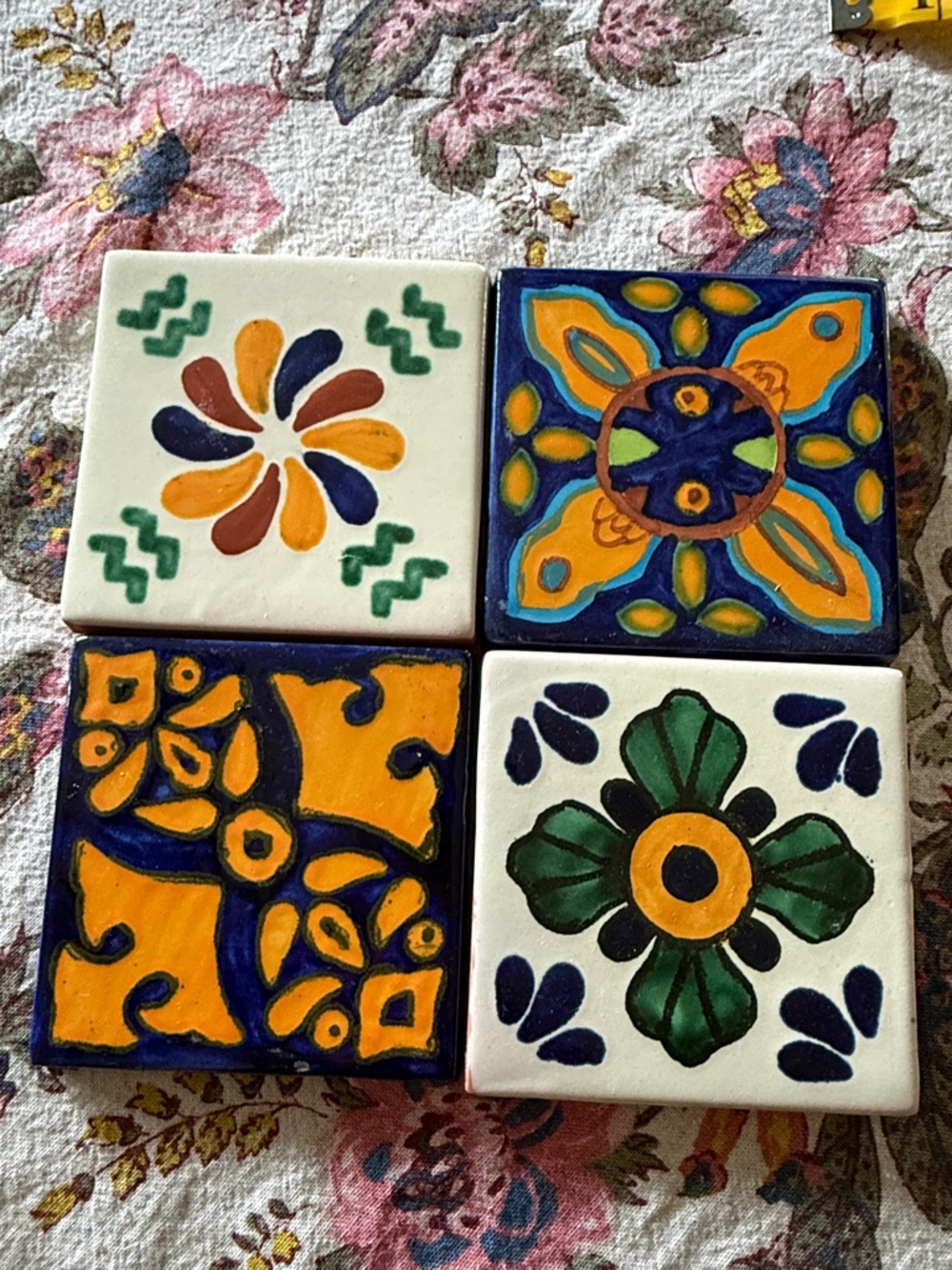 Set Of 4 3.5” Square Handpainted Talavera Tiles Mexican Art